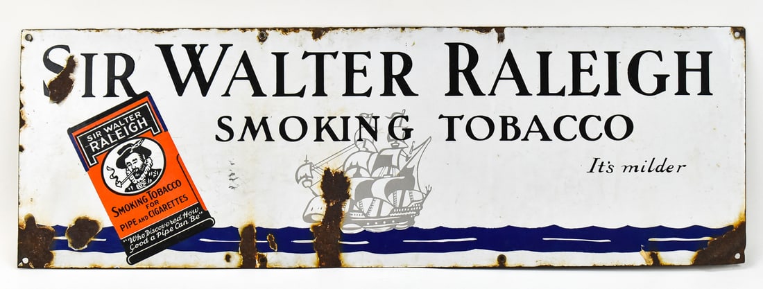 SIR WALTER RALEIGH SMOKING TOBACCO PORCELAIN ENAMEL ADVERTISING SIGN: Sir Walter Raleigh smoking tobacco porcelain enamel advertising sign, circa turn of 19th century.