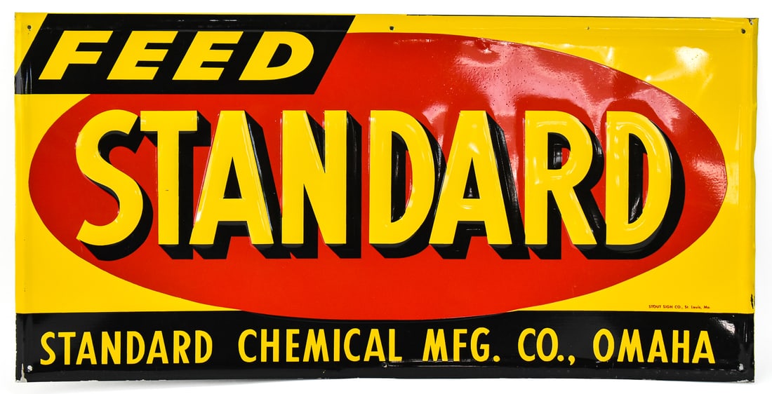 STANDARD FEED METAL ADVERTISING SIGN: Vintage Standard Chemical Mfg. Omaha metal advertising feed sign measuring 11.5" H x 23.5" W.