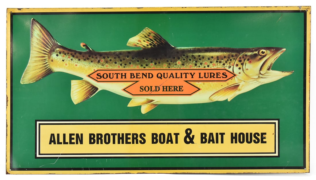 ALLEN BROTHERS BOAT & BAIT HOUSE METAL ADVERTISING SIGN: Vintage Allen Brothers Boat & Bait House fishing supply metal advertising sign measuring 12" H x 21.5" W.