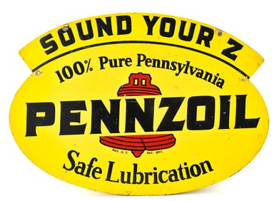 1967 PENNZOIL DOUBLE-SIDED TIN ENAMEL ADVERTISING SIGN