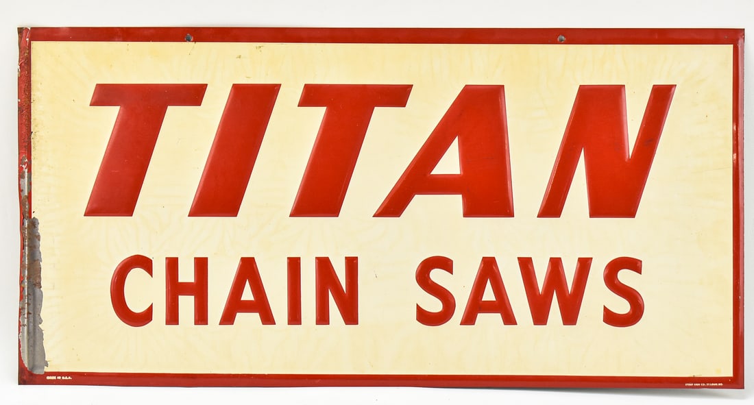 TITAN CHAINSAWS TIN LITHOGRAPH ADVERTISING SIGN: Titan Chainsaws tin lithograph advertising sign by Stout Sign Company, circa mid-20th century.