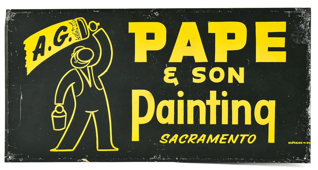 VINTAGE A.G. PAPE & SON PAINTING - SACRAMENTO TIN LITHOGRAPH ADVERTISING SIGN: A.G. Pape & Son Painting - Sacramento tin lithograph advertising sign, circa 1950s. Marked "Superior 828".