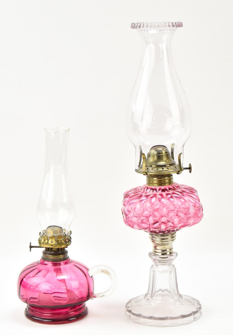 PAIR OF CRANBERRY GLASS OIL LAMPS (1 of 2)