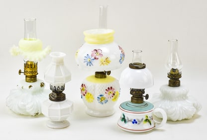 ASSORTED PAINTED MILK GLASS MINIATURE OIL LAMPS