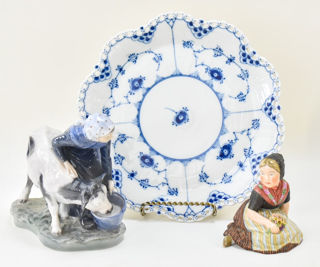 ROYAL COPENHAGEN: BLUE-WHITE DINNER PLATE NO. KKX1062, 'GIRL FEEDING A CALF' NO. MTX779, AND 'FARO (1 of 4)