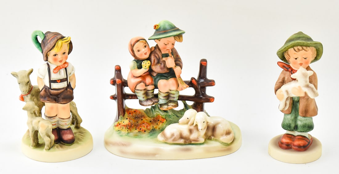 HUMMEL FIGURINES: 'LITTLE GOAT HERDER' NO. 200/0, 'EVENTIDE' NO. 99, AND 'THE LOST SHEEP' NO. 68/0 (1 of 2)