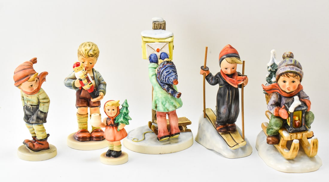 HUMMEL FIGURINES: 'A LETTER TO SANTA CLAUS' NO. 340, 'SKIER' NO. 59, 'RIDE INTO CHRISTMAS' NO.: Hummel figurines: "A Letter to Santa Claus" signed No. 340 with 1979-1990 mark, "Skier" with wooden poles No. 59 with stamped 1950-1959 mark, "Ride into Christmas" signed No. 396/I and dated "1971" wi
