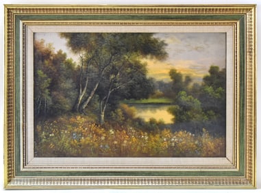 ELIZA BARCHUS 'STREAMSIDE SUNSET LANDSCAPE' OIL PAINTING