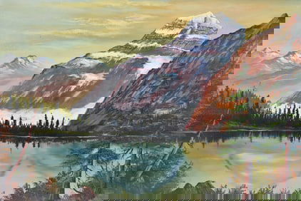 W. NEUBAUER LAKESIDE MOUNTAIN LANDSCAPE OIL PAINTING