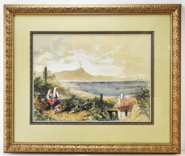 ITALIAN SCHOOL 'MT. VESUVIUS' WATERCOLOR PAINTING: Original Italian School watercolor painting on paper featuring Mt. Vesuvius on the Eastern Shore of the Bay of Naples, Italy. Art measures 21" h x 28" w presented in a gilt wood frame measuring 37" x