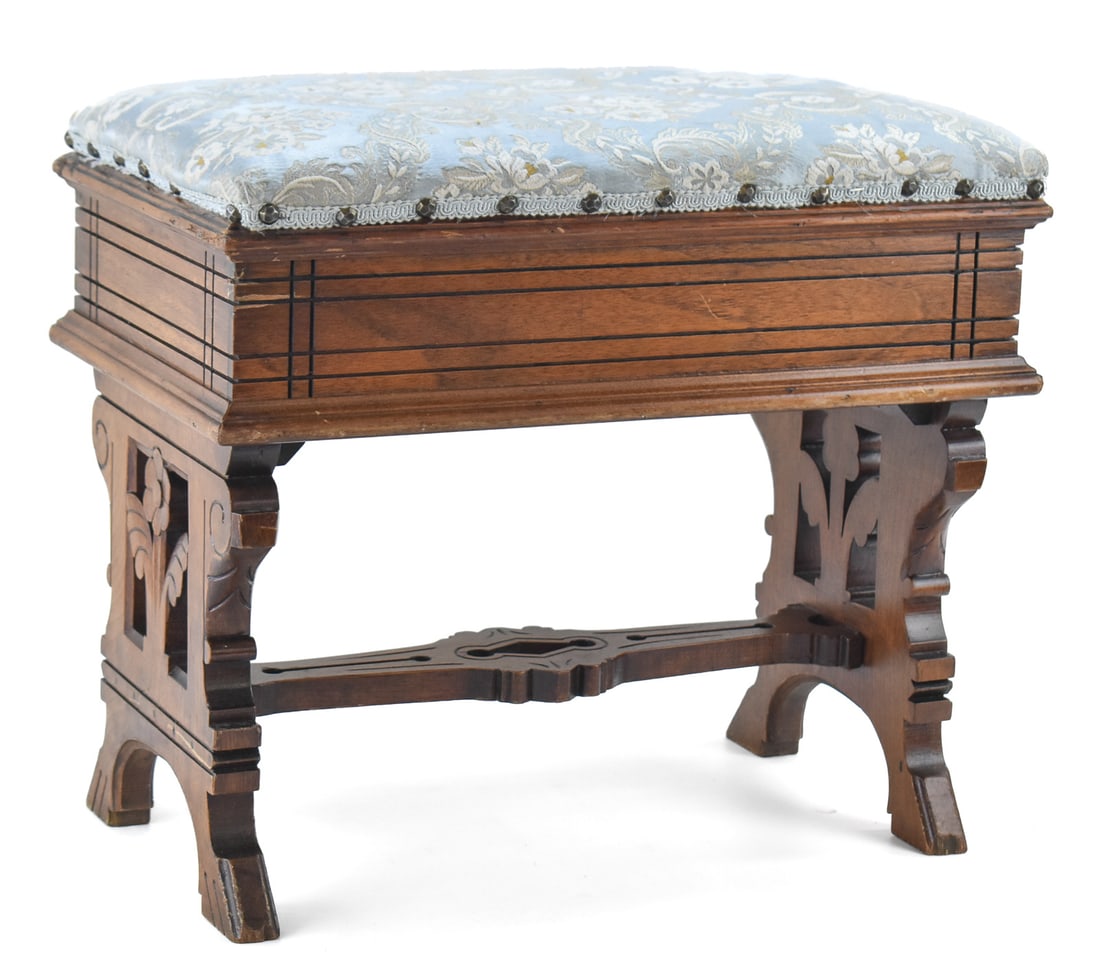 VICTORIAN FLORAL UPHOLSTERED ORGAN STOOL BENCH: A Victorian floral upholstered organ stool bench with storage compartment, circa turn of the 19th century. The bench measures 17" H x 19.5" W x 12" D.