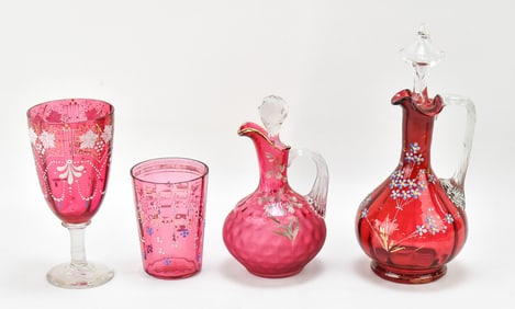 VICTORIAN FLORAL ENAMELED CRANBERRY GLASS: CRUETS & TUMBLER