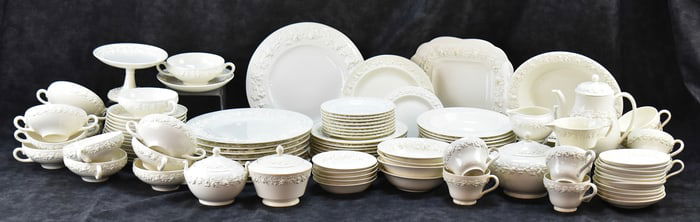 WEDGWOOD QUEENSWARE EMBOSSED CREAM ON CREAM PARTIAL SERVICE: 115 PIECES