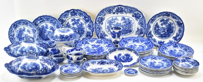 FLOW BLUE ON WHITE CHINOISERIE DINING SET BY W. ADAMS & CO. OF ENGLAND