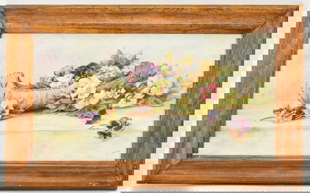 'PANSIES IN A BIRCHBARK CANOE' OIL PAINTING BY ESTELLE