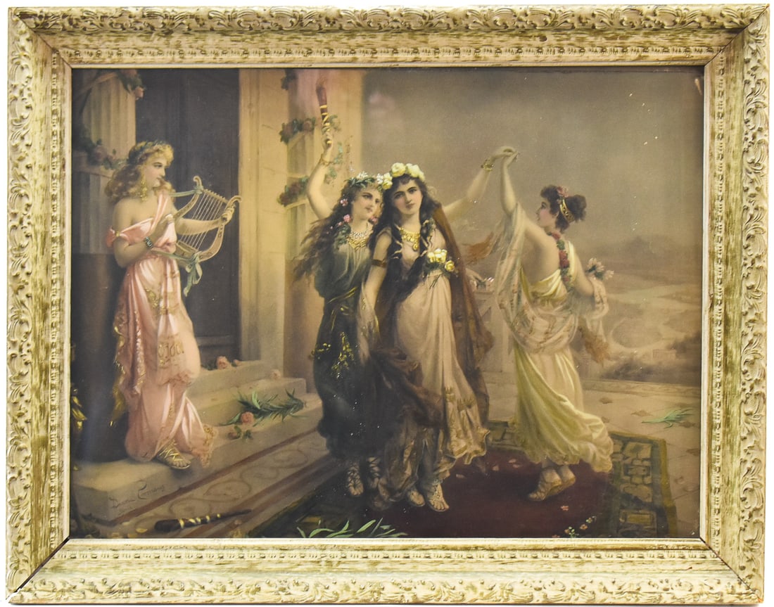 DIANA COOMANS 'CUPID'S SHRINE' LITHOGRAPH: A lithographic print "Cupid's Shrine" on paper by listed artist, Diana Coomans (Belgium, 1861 - 1952). Art measures 17.5" H x 23.5" W presented in a frame measuring 22" H x 28" W.