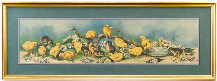 'YARD FULL OF CHICKS & VIOLETS' FRAMED YARD LONG LITHOGRAPH