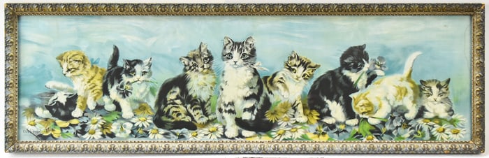 'YARD OF KITTENS' FRAMED YARD LONG LITHOGRAPH
