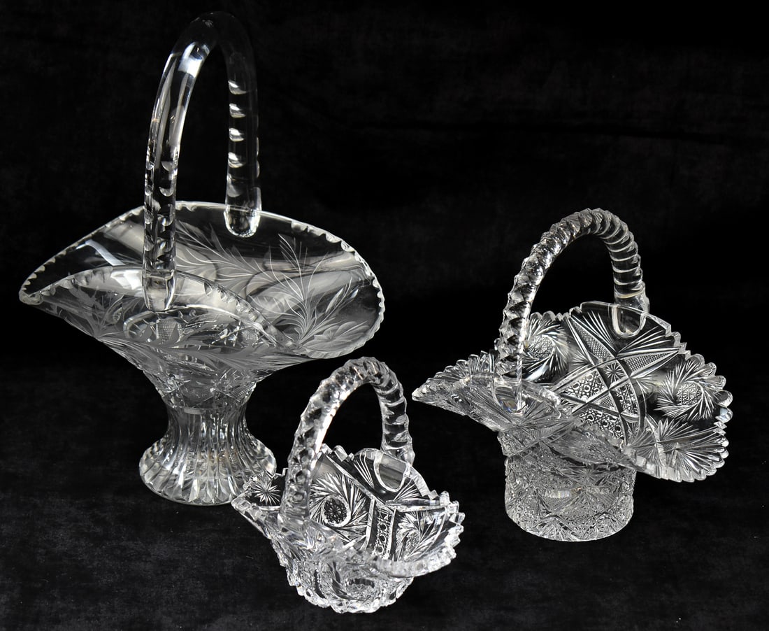 THREE CUT GLASS HANDLED BASKETS, ETCHED FLORAL & SWIRLING HOBSTAR PATTERNS (1 of 3)