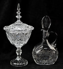 LARGE LIDDED CRYSTAL CANDY DISH & ETCHED GLASS DECANTER