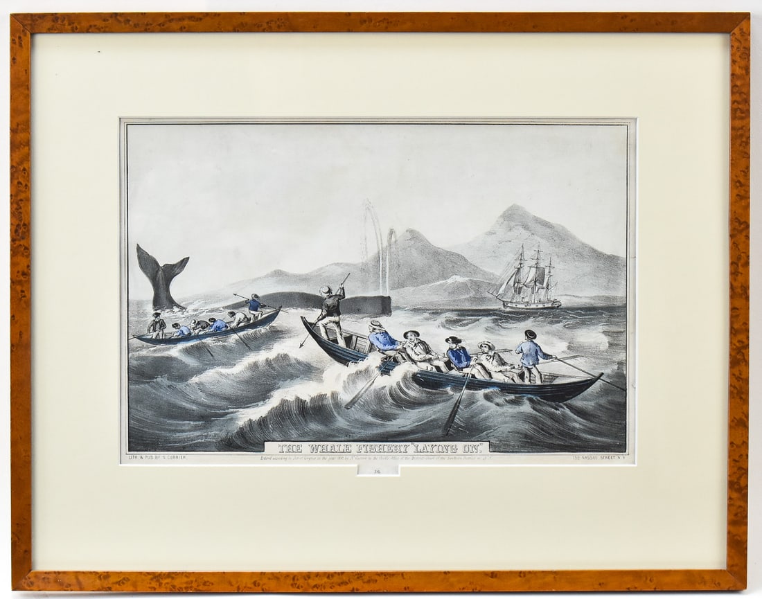 'THE WHALE FISHERY 'LAYING ON'' HAND-COLORED LITHOGRAPH BY NATHAN CURRIER: Hand-colored Lithographic print on paper by listed artist, Nathaniel Currier (NY, MA, 1813 - 1888) titled "The Whale Fishery "Laying On"", dated 1852 and numbered 381. Art measures 9" h x 13" w matted