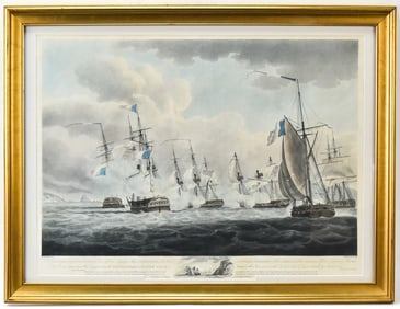 HMS ST. FIORENZO & HMS AMELIA HAND-COLORED LITHOGRAPH BY NICHOLAS POCOCK