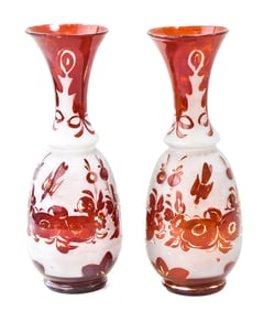 BOHEMIAN CUT-TO-CLEAR-STYLE HAND-BLOWN RUBY & FROSTED GLASS VASES