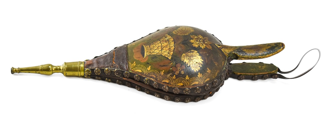 VICTORIAN L. M. JOHNSON FIREPLACE BILLOWS: A Victorian period L. M. Johnson Southington Con. fireplace billows hand-painted and gilded in the toleware style.
