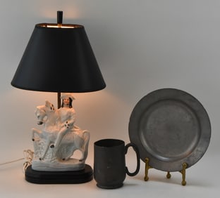 ASSORTED PEWTER & KING WILLIAM FIGURAL LAMP