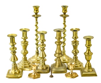 COLLECTION OF TEN BRASS CANDLESTICKS