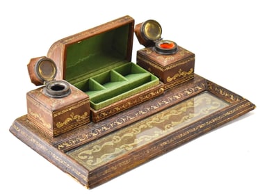 VICTORIAN STAMPED LEATHER INKWELL STAND