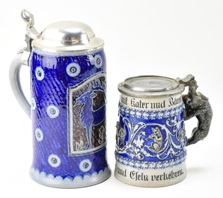 ANTIQUE SALT-GLAZE & BLUE COBALT GERMAN STONEWARE STEINS BY MARZI & REMY & MORE