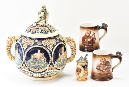 ASSORTED MIDCENTURY STEINS & PUNCH BOWL