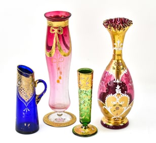 FOUR BOHEMIAN GILDED FLORAL ENAMEL VASES