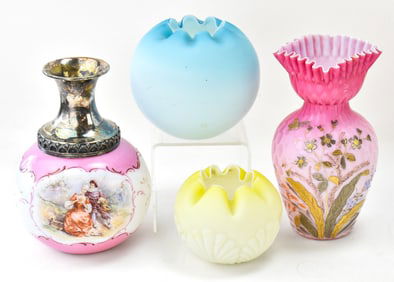 ASSORTED ANTIQUE GLASS VASES BY MT. WASHINGTON, CONSOLIDATED GLASS, & MORE