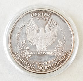 1886-1986 BANK OF HAMILTON, N.D. CENTENNIAL 1 TROY OUNCE .999 FINE SILVER COIN