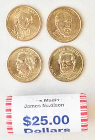 U.S. PRESIDENTIAL DOLLAR UNOPENED ROLL & ASSORTED COINS