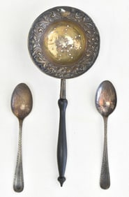 ANTIQUE STERLING TEA LEAF STRAINER & SUGAR SPOON