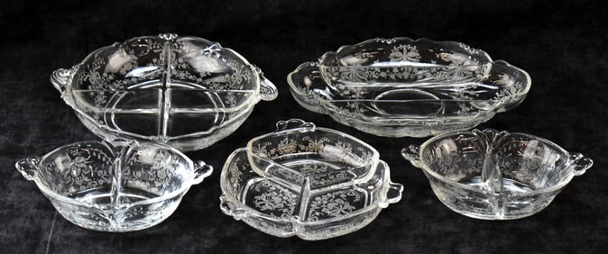 HEISEY 'ORCHID' DIVIDED RELISH TRAYS & BOWLS