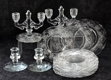 HEISEY 'ORCHID' CANDLEHOLDERS & PLATES