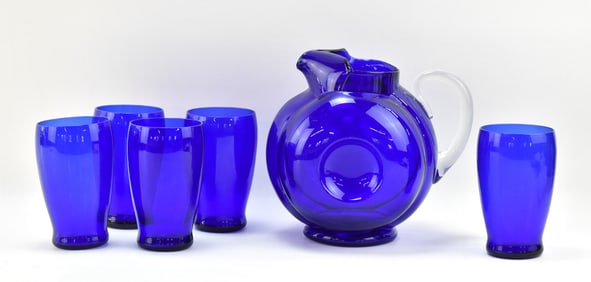 DUNBAR GLASS COMPANY COBALT BLUE DEPRESSION GLASS PITCHER AND FIVE TUMBLERS