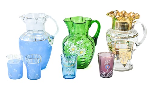 FLORAL ENAMEL & BOHEMIAN-STYLE PITCHERS & CUPS