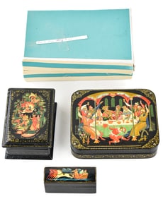 THREE RUSSIAN HAND-PAINTED KHOKHLOMA LACQUER BOXES FROM PALEKH