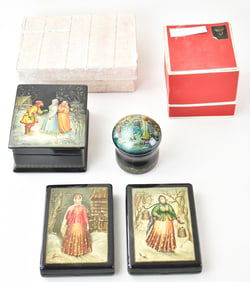 COLLECTION OF RUSSIAN HAND-PAINTED KHOKHLOMA LACQUER BOXES FROM FEDOSKINO