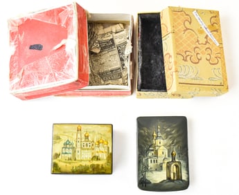 PAIR OF HAND-PAINTED RUSSIAN KHOKHLOMA LACQUER BOXES FROM FEDOSKINO