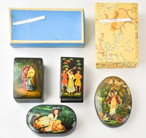COLLECTION OF RUSSIAN HAND-PAINTED KHOKHLOMA LACQUER BOXES FROM FEDOSKINO, PALEKH, & MORE