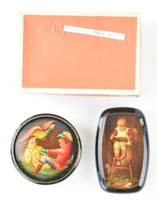 SIGNED FEDESKINO RUSSIAN HAND-PAINTED LACQUER KHOKHLOMA BOXES: CHILD & PHOENIX & BOY ON A HIGHCHAIR
