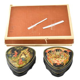 PAIR OF HAND-PAINTED RUSSIAN KHOKHLOMA LACQUER BOXES FROM PALEKH