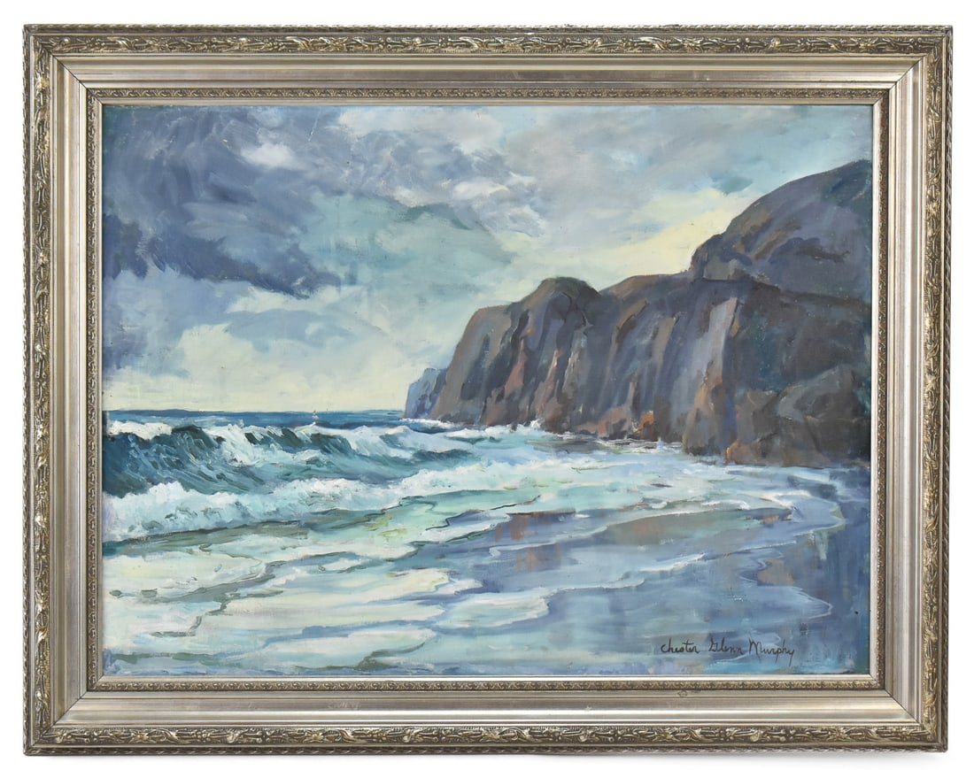 CHESTER GLENN MURPHY 'SECRET COVE' OIL PAINTING: Original seascape oil painting on board by listed Oregon artist, Chester Glenn Murphy (OR, KS, 1907 - 1997), signed lower right & titled on the verso "Secret Cove". Art measures 18"