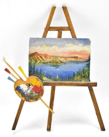 MINIATURE CRATER LAKE, OREGON OIL PAINTING ON DECORATIVE EASEL